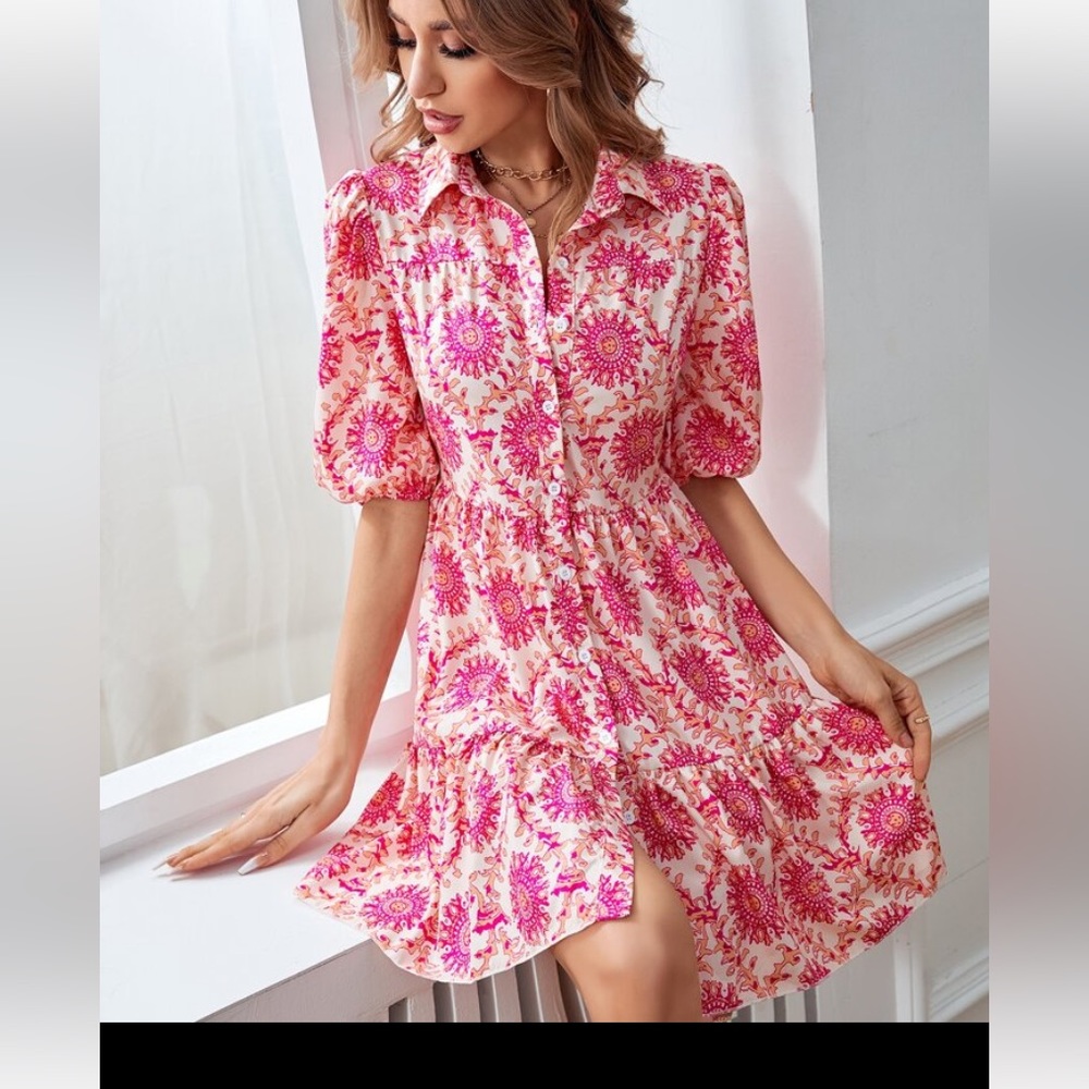 💕All Over Print Puff Sleeve Ruffle Hem Smock Dress
